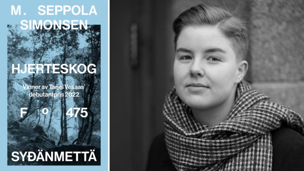 Bokomslaget til diktsamlinga «Hjerteskog» og forfattaren, M. Seppola Simonsen.